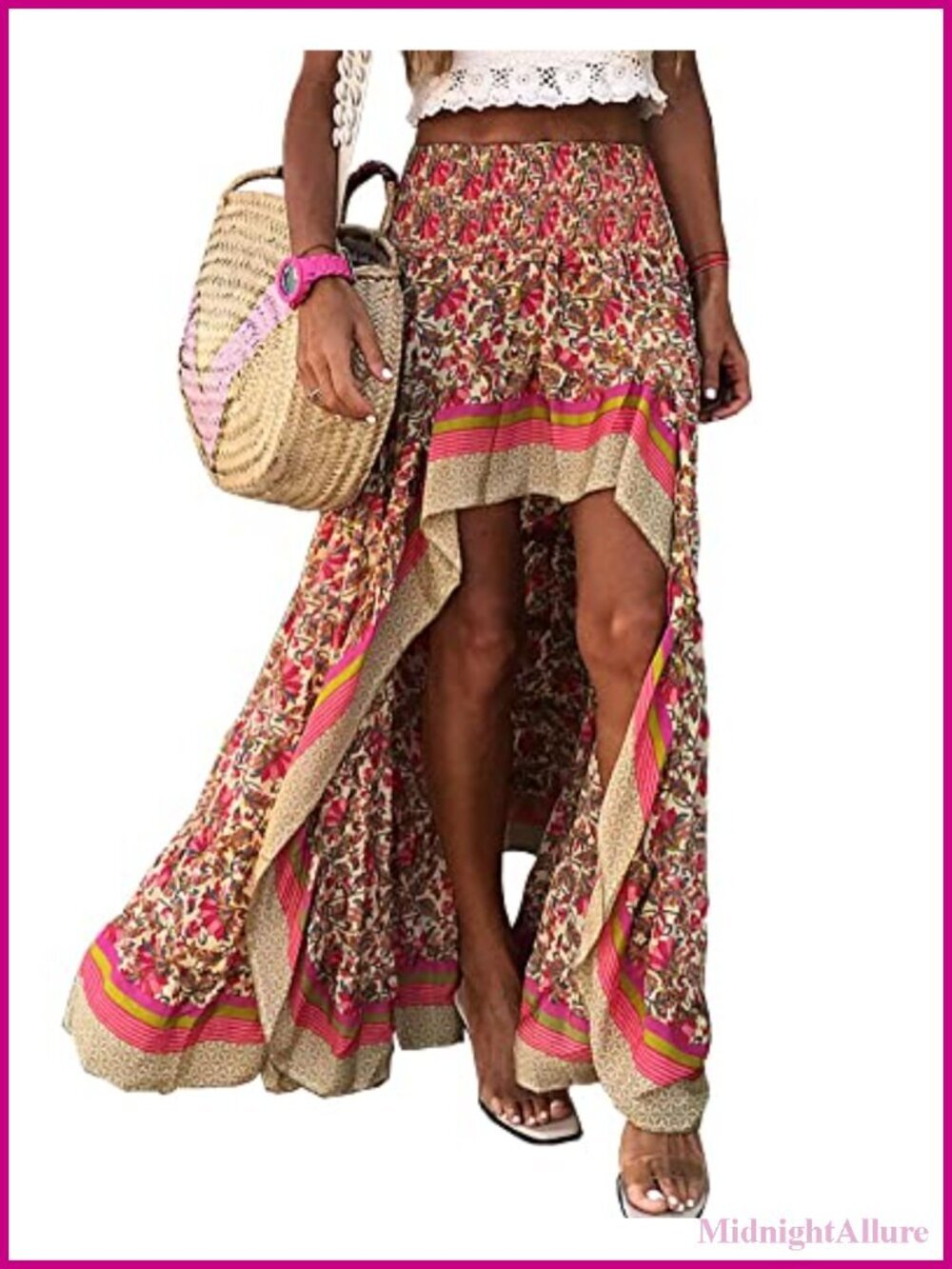 Boho Floral Elastic Waist Split Ruffle High Low Maxi Skirt